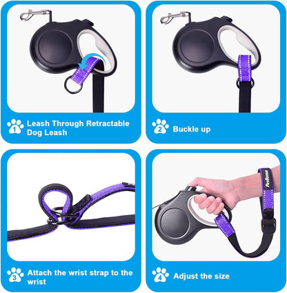 PetBonus Short Dog Leash, Safety Wrist Strap for Retractable Dog Leash, Reflective Design and Adjustable Soft Padded Handle, Extra Layer Security for Pet Stroller (Purple)