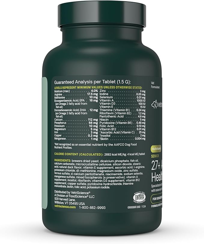 VetriScience Senior 27+ Active Health Chewable Tablets, Canine Plus Daily Multivitamin for Senior Dogs, Balanced Vitamins, Minerals and Antioxidants, Aging and Wellness Support, Veggie, 60 Count
