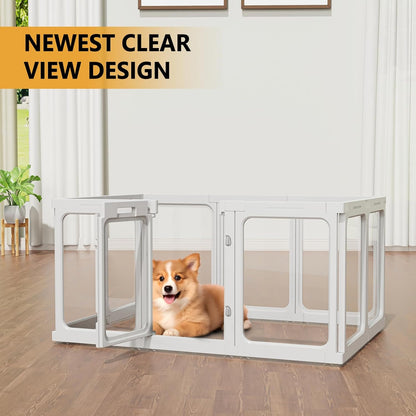 Clear Acrylic Dog Playpen with Door, for Puppy Cat Rabbit Transparent Pet Pen, Dog Playpen Indoor, Dog Fence, Easy Assemble & Cleaning Dog Pen for Small & Medium Dogs (23.6“ Height, 8PCS)