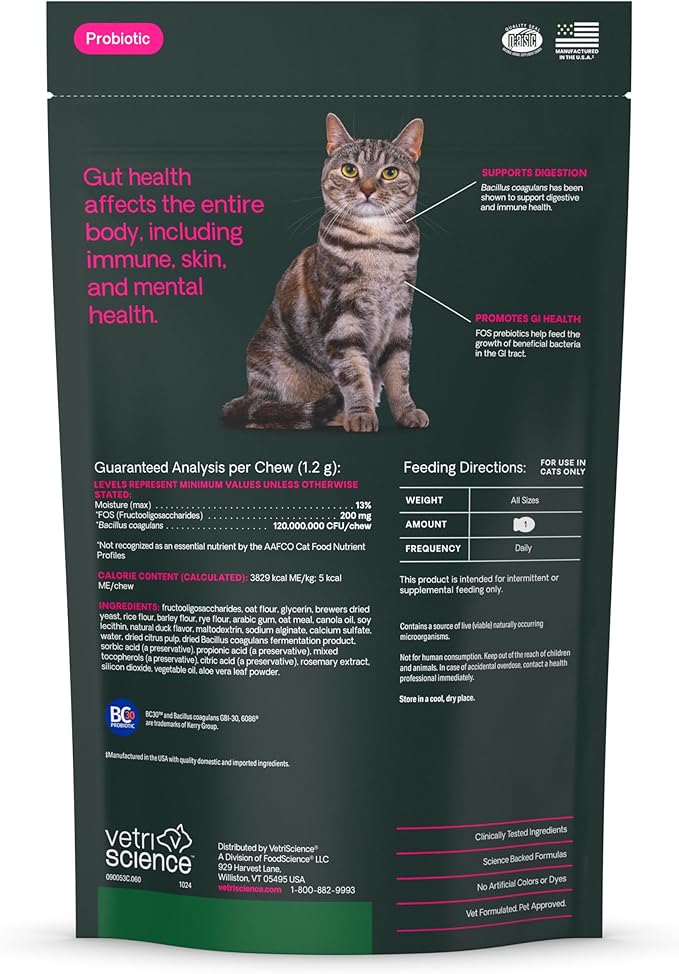 VetriScience Gut Health Chews, Probiotic Everyday Digestive Supplement for Cats, Pet Probiotics for Digestion Support, Gas and Diarrhea, Immune Support, 120 Million CFU Per Chew, Duck, 60 Count