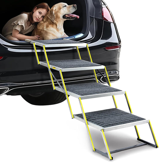 Reflective 20" Wide Dog Car Ramp, 4-Step Aluminum Stairs with Non-Slip Carpet - Foldable Design for Trucks/SUVs/Beds - Heavy Duty 200Lbs Capacity for Large Breeds - Pawvie