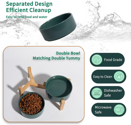 Elevated Ceramic Dog Bowl Set - Raised Feeding Bowls with Non-Slip Bamboo Stand - Small Pet Dishes for Food and Water - Ideal for Cats and Puppies - 16.23 OZ - 2 Cups - 480 ML