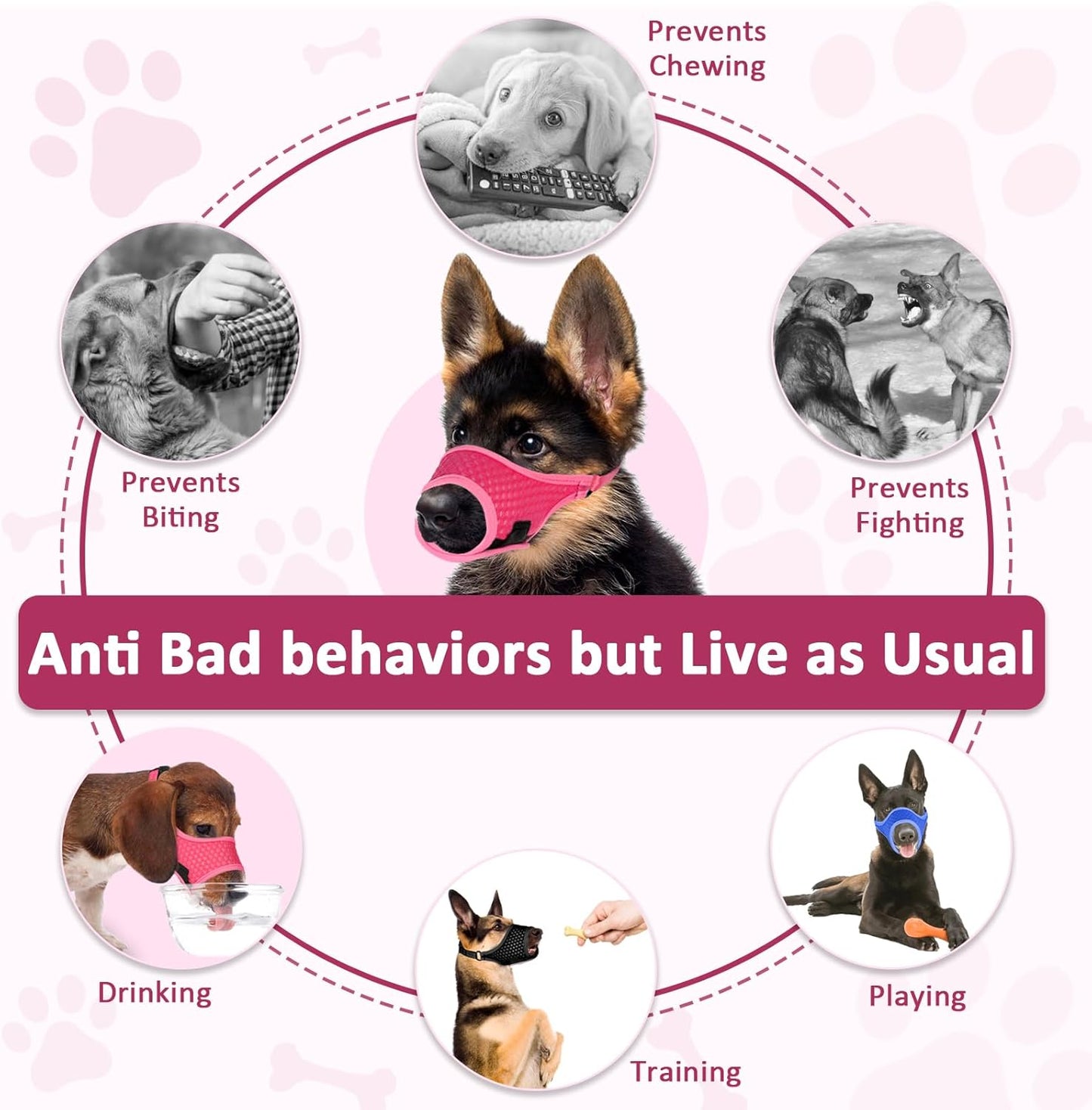 LUCKYPAW Soft Muzzle for Small Medium Sized Dogs, Dog Muzzle to Prevent Biting Chewing, Adjustable Breathable Mouth Guard for Grooming Walking Training(Hot Pink, XS)