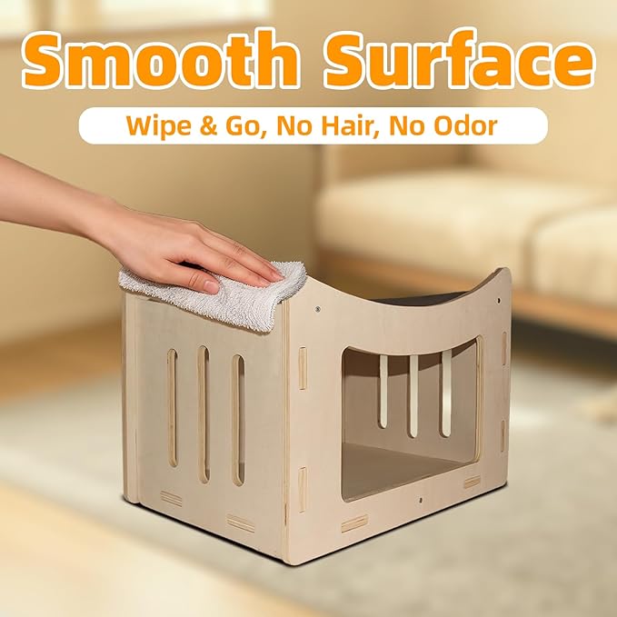 Cute Cat Head Wooden Indoor Cat House, Double Decker Cat Shelter with Elevated Soft Canvas Upper Bed, Multi-Level Pet Condo for Cats & Rabbits