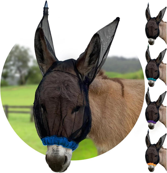 Donkey Fly Mask with Long Ears (Blue) Made in USA - Mule Fly Mask with Ears Protection from Insects and Bugs, Small Donkey Soft Mesh Fabric with Adjustable Fastener, Face Cover Supplies for Donkeys