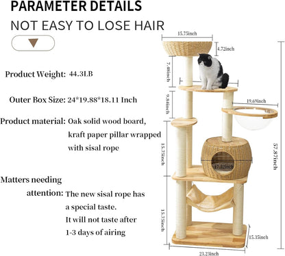 59" Big Modern Cat Tree Tower, Cat Tower Sisal-Covered Scratching Posts for Indoor Cats, Oak Wood Cat Tree for Large Cats, Multi-Level Cat Condo with Space Capsule Nest, Cat Furniture Activity Centre