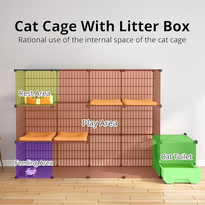 Oneluck Cat Cage with Litter Box,4-Tier DIY Enclosures Large Playpen Detachable Metal Wire Kennel Indoor Crate Large Exercise Place Ideal for 1-2 Cats (55.1" L x 17.8" W x 41.3" H)