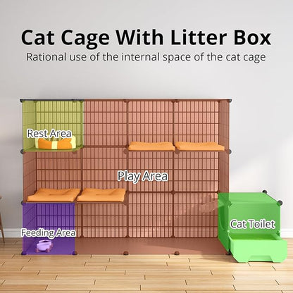 Oneluck Cat Cage with Litter Box,4-Tier DIY Enclosures Large Playpen Detachable Metal Wire Kennel Indoor Crate Large Exercise Place Ideal for 1-2 Cats (55.1" L x 17.8" W x 41.3" H)