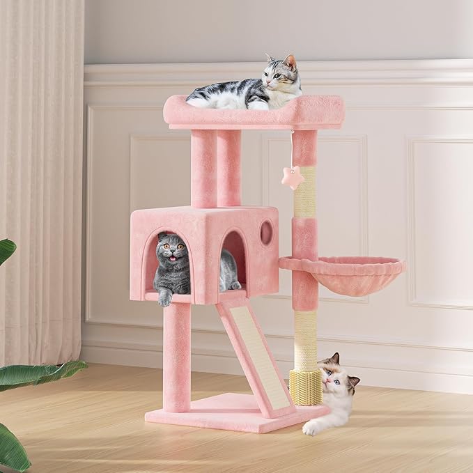MoNiBloom 36 Inch Cat Tree Tower with Condo, Small Cat Tower with Scratching Post & Sisal-Covered Scratching Board, Climbing Tower with Hammock, for Indoor Cats, Soft Pink