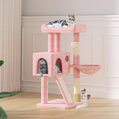 MoNiBloom 36 Inch Cat Tree Tower with Condo, Small Cat Tower with Scratching Post & Sisal-Covered Scratching Board, Climbing Tower with Hammock, for Indoor Cats, Soft Pink