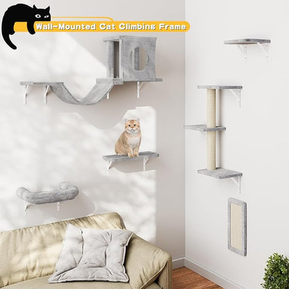 NUNU LAB Wall Mounted Cat Wall Shelves, 12-in-1 Cat Wall Climber with Condos House, Scratching Post, Bridge Ladder, Indoor Space-Saving Furniture for Kittens Play, Gray