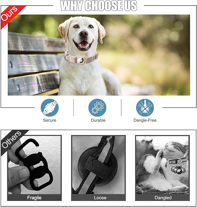 DOGWONG Airtag Cotton Hemp Dog Collar, Heavy-Duty Dog Collar with Airtag Holder Beige Natural Fabric Pet Cute Puppy Necklace for Small Medium Large Dogs