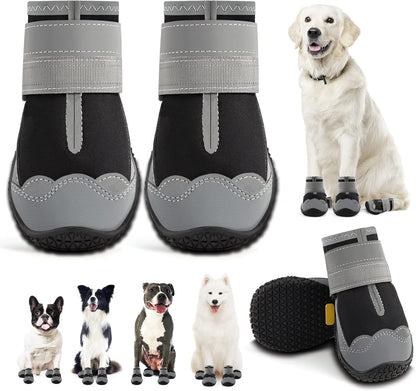 Dog Shoes for Large Dogs, Medium Dog Boots & Paw Protectors for Hardwood Floors, Outdoor Dog Booties for Hot Pavement Winter Snow Hiking, Waterproof Dog Shoes with Reflective Strips Size 4