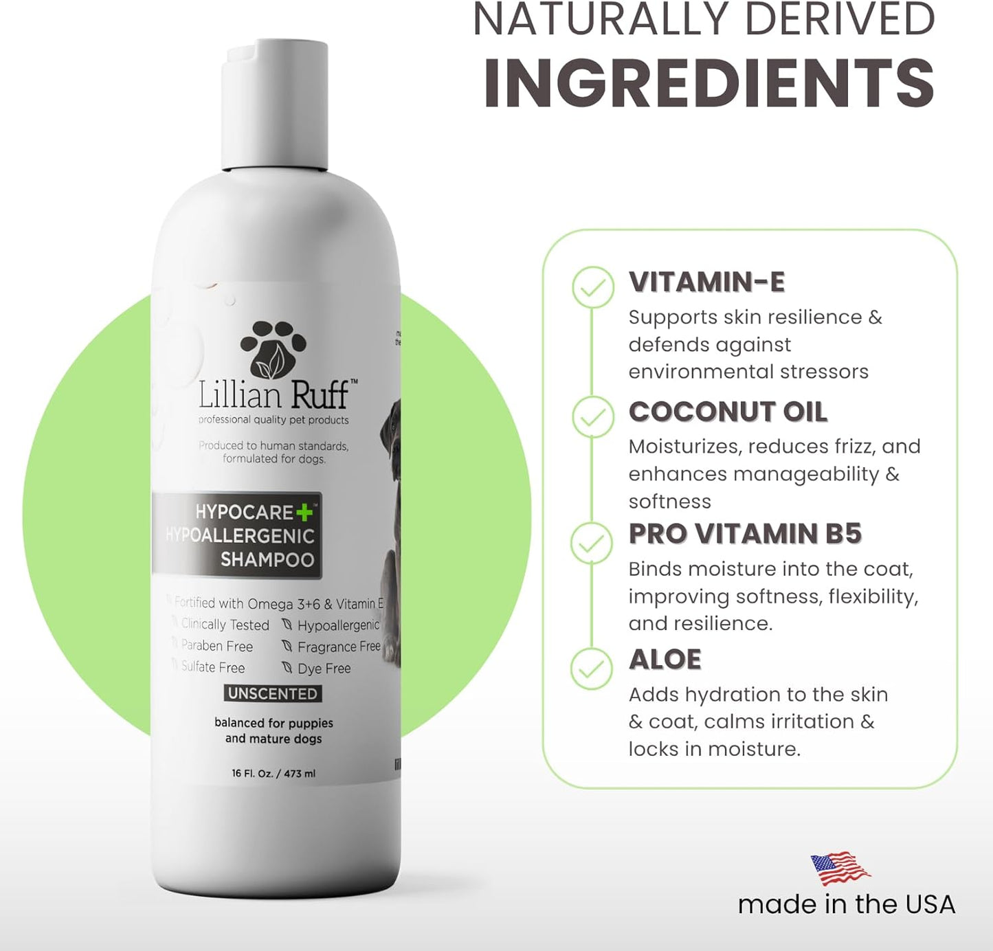 Lillian Ruff Calming Oatmeal Pet Shampoo for Dry Skin & Itch Relief with Aloe & Hydrating Essential Oils - Replenish Moisture & Deodorize - Tearless Dog Shampoo for Normal/Sensitive Skin (Hypocare+)