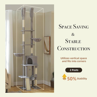 PAWZ Road Tall Cat Tree, Floor to Ceiling Cat Tower with Adjustable Height(85-112 Inches), 7 Tiers Climbing Tower with Cozy Hammocks, 5 Platforms and Scratching Posts for Indoor Cats-Gray