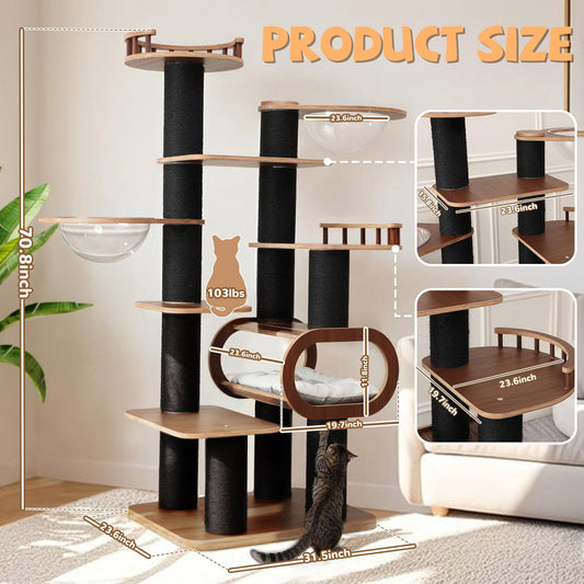 70.8'' Tall Luxury Cat Tree,All i,ne One Black Walnut Wood Modern Cat Tower for Indoor Large,Huge Multi-Level Cat Furniture with Scratching Posts,Condo,Cushion,Clear Bowl,Platform for Home Decoration