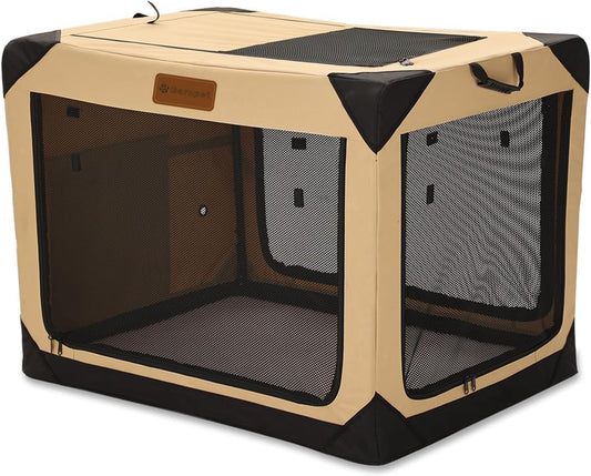 36 Inch Collapsible Soft Dog Crate for Large Dogs, 4-Door Foldable Travel Dog Kennel with Durable Mesh Windows for Indoor & Outdoor Portable Pet Crate, Soft Side Dog Crate, Beige