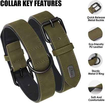Didog Soft Padded PU Leather Dog Collar, Breathable and Adjustable Dog Collars for Medium Dogs, Comfortable for Daily Walk, Dark Green, L Fit Neck 13-17"(22-44 lbs)