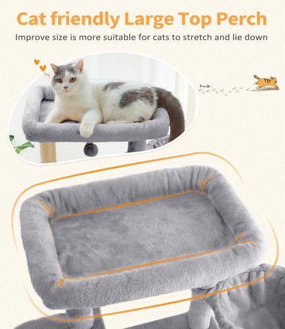 Cat Tree Large Cat Tower Tree 68" Multi-Level Cat Tower for Indoor Cats with Sisal Scratching Posts, Widen Cat Perche, Square Hammock, 2 Widen Condos, Scratching Posts, Light Grey
