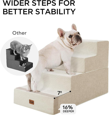 Made4Pets Dog Steps for Bed, Extra Wide Dog Stairs for High Bed Couch Sofa, 35D Foam Pet Steps for Small Dogs and Cats, Non-Slip Bottom Pet Stairs, Beige, 4 Steps