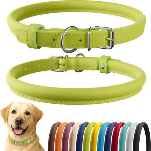CollarDirect Rolled Leather Dog Collar, Soft Padded Round Puppy Collar, Handmade Genuine Leather Collar Dog Small Large Cat Collars 13 Colors (18-22 Inch, Lime Green Smooth)