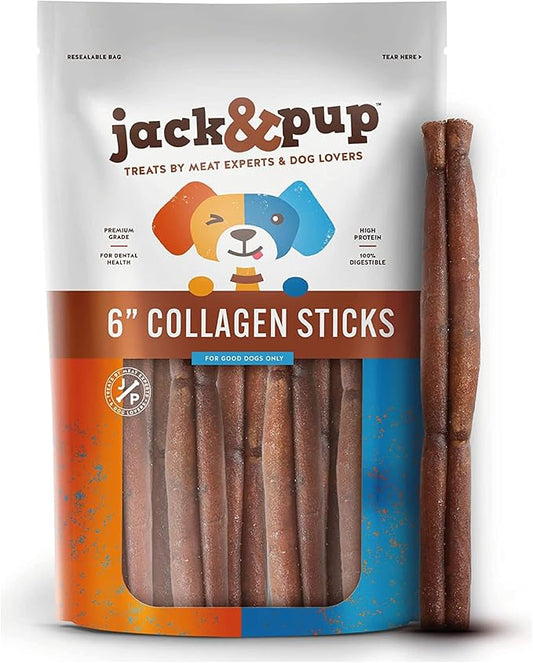 Jack&Pup 6" Beef Collagen Sticks for Dogs - Rawhide Free Dog Chews Long Lasting Collagen Chews for Dogs - Bully Sticks Alternative (4 Pack)