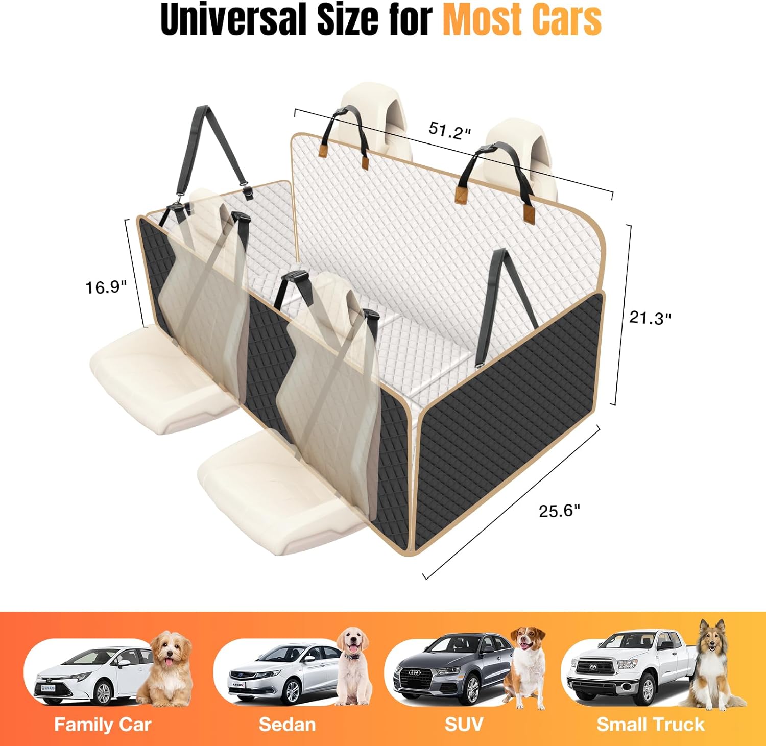 Dog Car Seat Cover for Back Seat, Dog Car Bed Cover with Strong Hard Bottom, Car Back Seat Extender Hammock for Car SUV Truck 4 Panels Beige Color - Pawvie