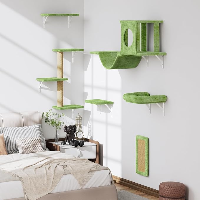 NUNU LAB Wall Mounted Cat Wall Shelves, 12-in-1 Cat Wall Climber with Condos House, Scratching Post, Bridge Ladder, Indoor Space-Saving Furniture for Kittens Play, Green