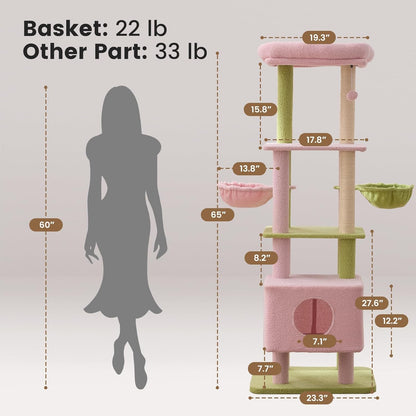 Gardner Pet 65in Heavy Duty Cat Tree Tower for Large Cats, Multi-Level Cat Furniture with Replaceable Sisal Scratching Post, Hammock | Extra-Large Platform & Condo (Pink&Green, Basic φ:2.84")