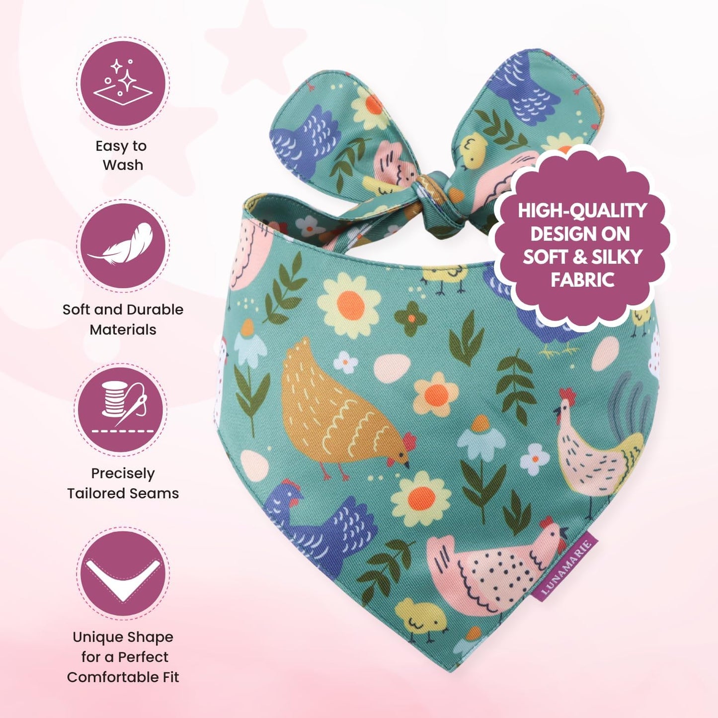 LunaMarie - Luxury Pet Birthday Bandanas -Premium & Silky Poly Fabric | 100% Handmade | Custom Shape Dual Layered (Chicken Couture, Large)