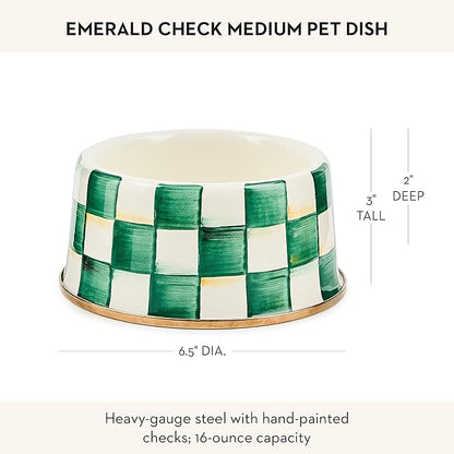 MACKENZIE-CHILDS Enamel Pet Bowl, Cute Cat and Dog Bowl for Food and Water, Medium, Green-and-White Emerald Check