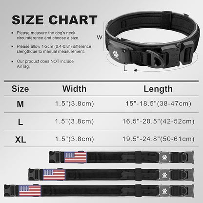2026 Upgrade Dog Collar with IPX8 Waterproof AirTag Holder,Military Tactical Comfortable Control Handle and Ultra-Durable Metal Buckle/Night Reflective,GPS Collar for Medium to Large Dogs（Black/L）