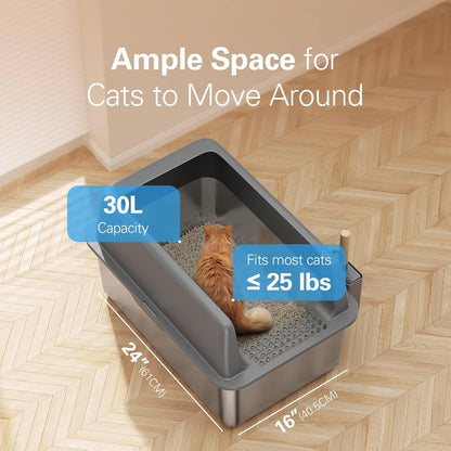 Zarler Stainless Steel Litter Box with Lid, 8” Deep Extra Large Cat Litter Boxes, XL Metal Litter Box for Big Cats with High Sided, Black (Non-Sticky, Easy to Clean, Anti-Urine Leakage)