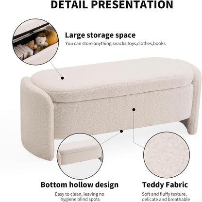 47.6 Inch Lamb Fleece Oval Storage Bench Upholstered Ottoman Bench with Storage, Bedroom Bench with Large Storage Space, for Bedroom Living Room Entryway, Beige
