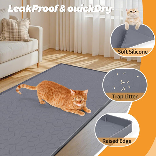 Cat Food Mat, 34" x 22" Large Silicone Pet Feeding Mat with Raised Edge Pet Placemat for Food and Water Bowl Non-Slip, Easy to Clean, Floor Protection (Dark Grey)