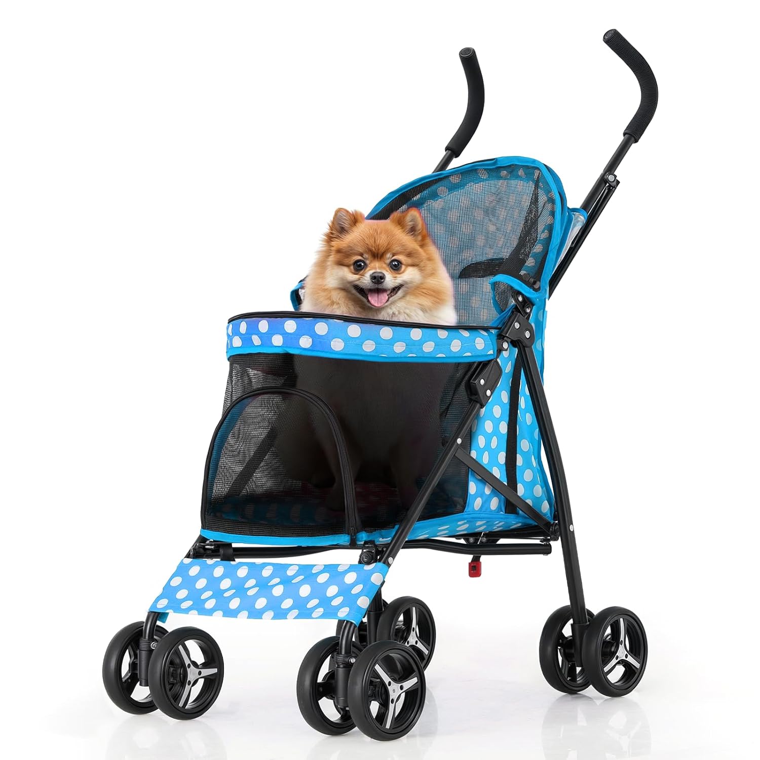 MoNiBloom 4 Wheels Pet Stroller, Easy-Fold Umbrella Shaped Dog Cat Jogger Stroller w/Storage Bag & Visible Mesh for Small/Medium Dogs Cats Sky Blue Polka Dots - Pawvie