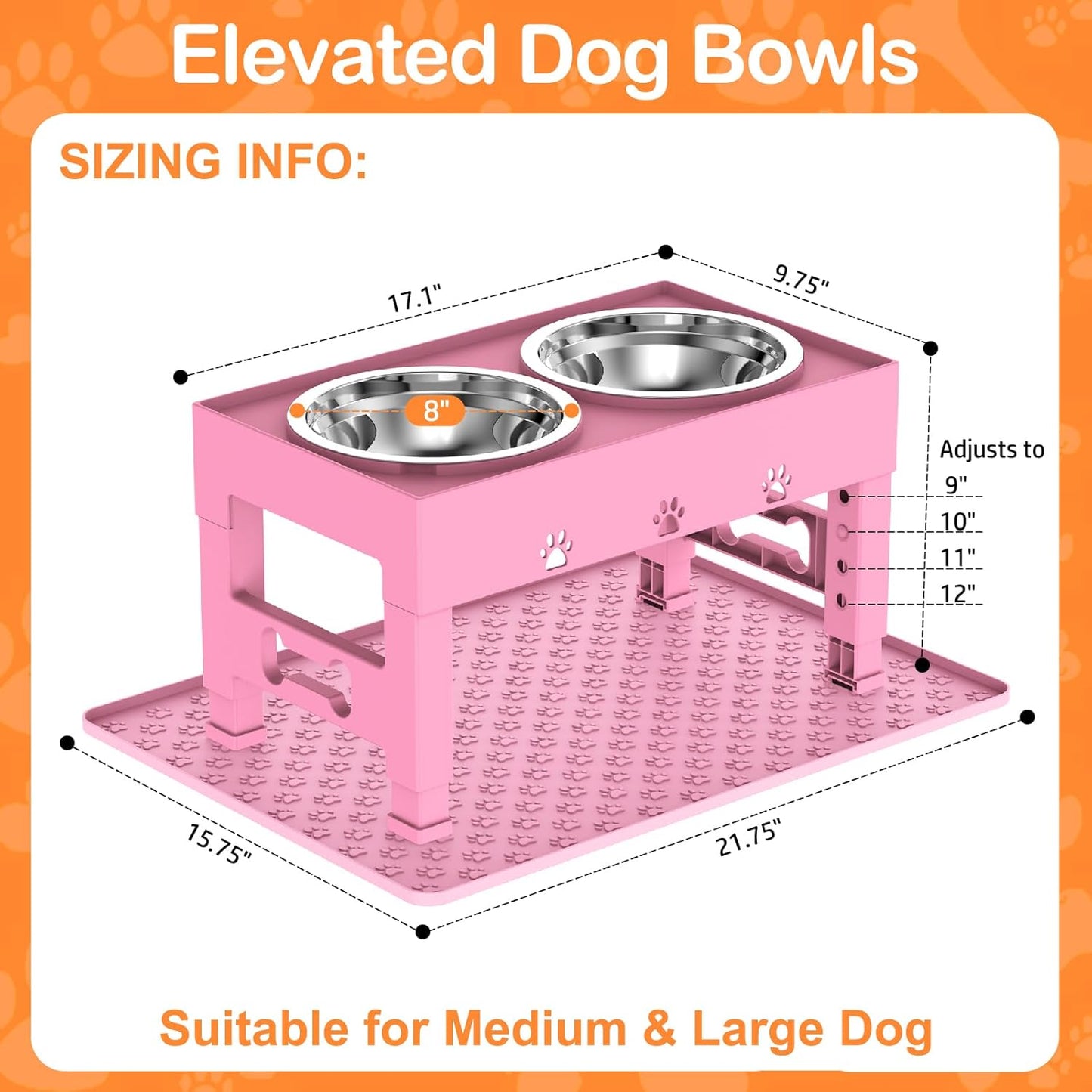 Elevated Dog Bowls with Mat, Raised Dog Food Bowl Stand with 2 Stainless Steel Bowls, 5 Height Adjustable (3.1", 9", 10", 11", 12") Non-Slip Feeder Set for Medium and Large Dogs – Pink