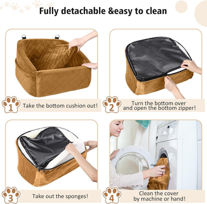 Dog Car Seat for Small Medium Dogs,Detachable Washable Dog Booster Seat Under 30lbs,Pet Car Seat Travel Bed with Storage Pockets and Dog Safety Belt（Brown - Pawvie