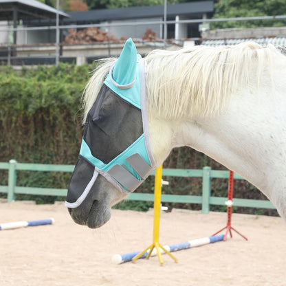 Horse Fly Mask with Ears & Long Nose Cover | Forelock Opening for Tangle-Free Mane Care | UV Protection & Breathable Mesh | No Rub Fit and Enhanced Visbility for Trail Riding Turquoise Cob