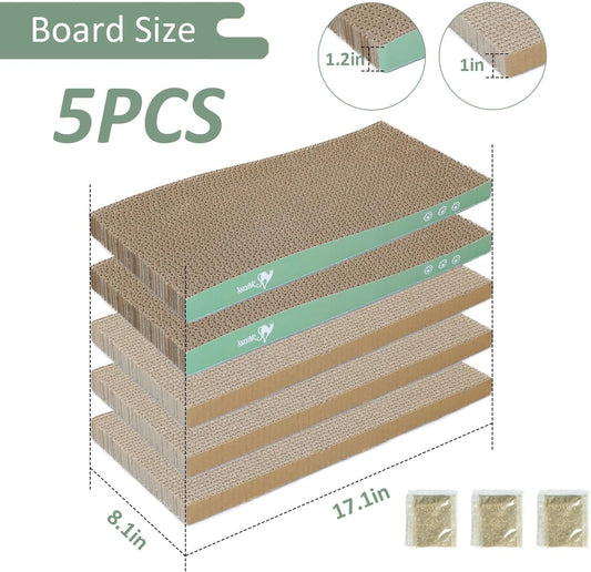 MECOOL Cat Scratching Board，5PC Cat Scratch Pad with Box，Reversible Corrugated Cat Scratcher Cardboard and Lounge Bed for Indoor Cats, Catnip