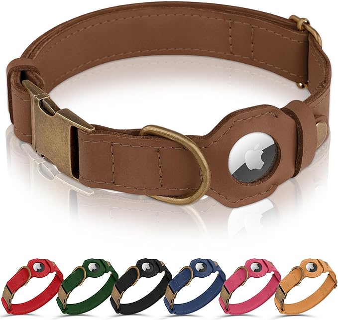 AirTag Dog Collar - Genuine Leather Dog Collar with Apple AirTag Holder and Metal Buckle - Smart GPS Tracking Pet Collars (Tawny, XL, 20"-25" Neck Fit)