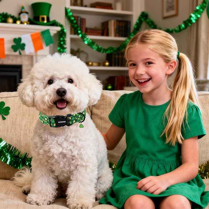 DOGWONG St Patrick's Dog Collar, Green Clover Pet Collar Cotton Shamrock Pet Collar Cute Puppy Collar Adjustable Pet Dog Collars for Medium Dogs,M