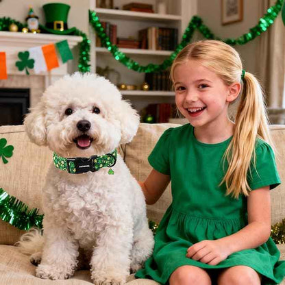 DOGWONG St Patrick's Dog Collar, Green Clover Pet Collar Cotton Shamrock Pet Collar Cute Puppy Collar Adjustable Pet Dog Collars for Large Dogs,L