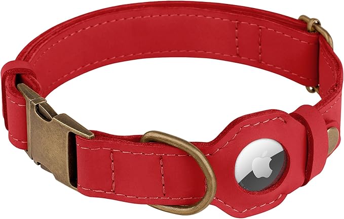 AirTag Dog Collar - Genuine Leather Dog Collar with Apple AirTag Holder and Metal Buckle - Smart GPS Tracking Pet Collars (Red, L, 17"-21" Neck Fit)