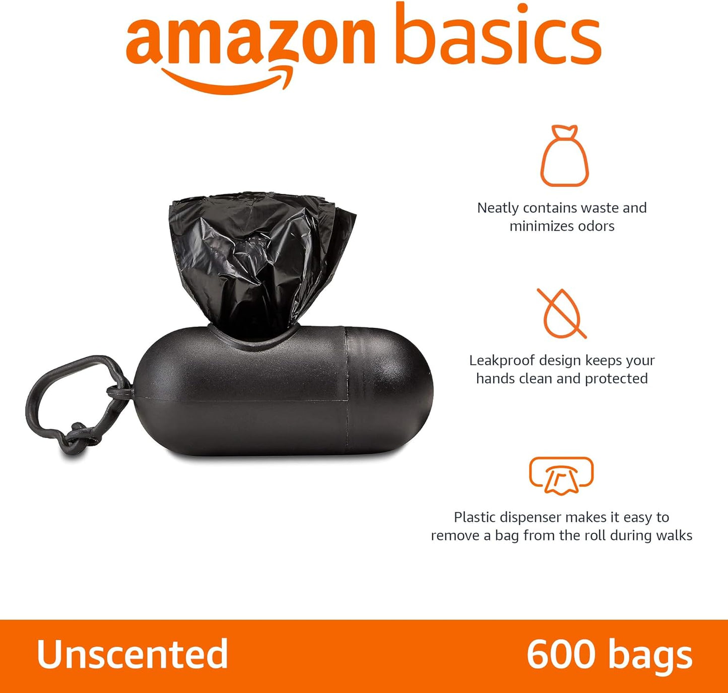 Amazon Basics Dog Poop Bags with Dispenser, 600 Count, Enhanced for Guaranteed Leakproof, Unscented, Includes Leash Clip