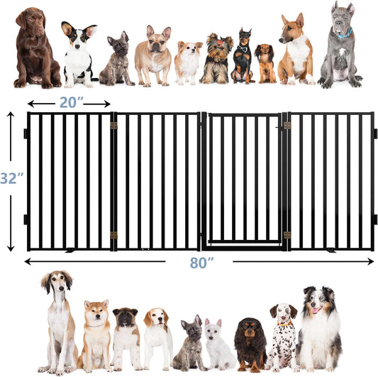 Free Standing Dog Gate with Door for Indoor Outdoor, Portable Dog Fence Foldable Design, Metal Black 32" Tall, Expandable 4 Panels Use for Front Door, Yard, Stairs