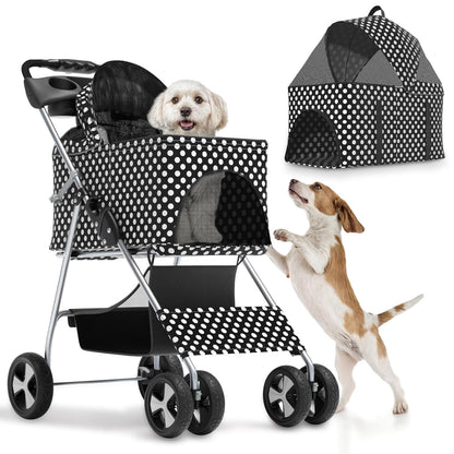 Magshion Foldable Pet Stroller, 3-in-1 Dog Travel Jogger with Detachable Carrier, Cup Holder, Storage Basket, Folding Carrier for Small/Medium Dogs & Cats Up to 33 lbs, Black Polka Dots