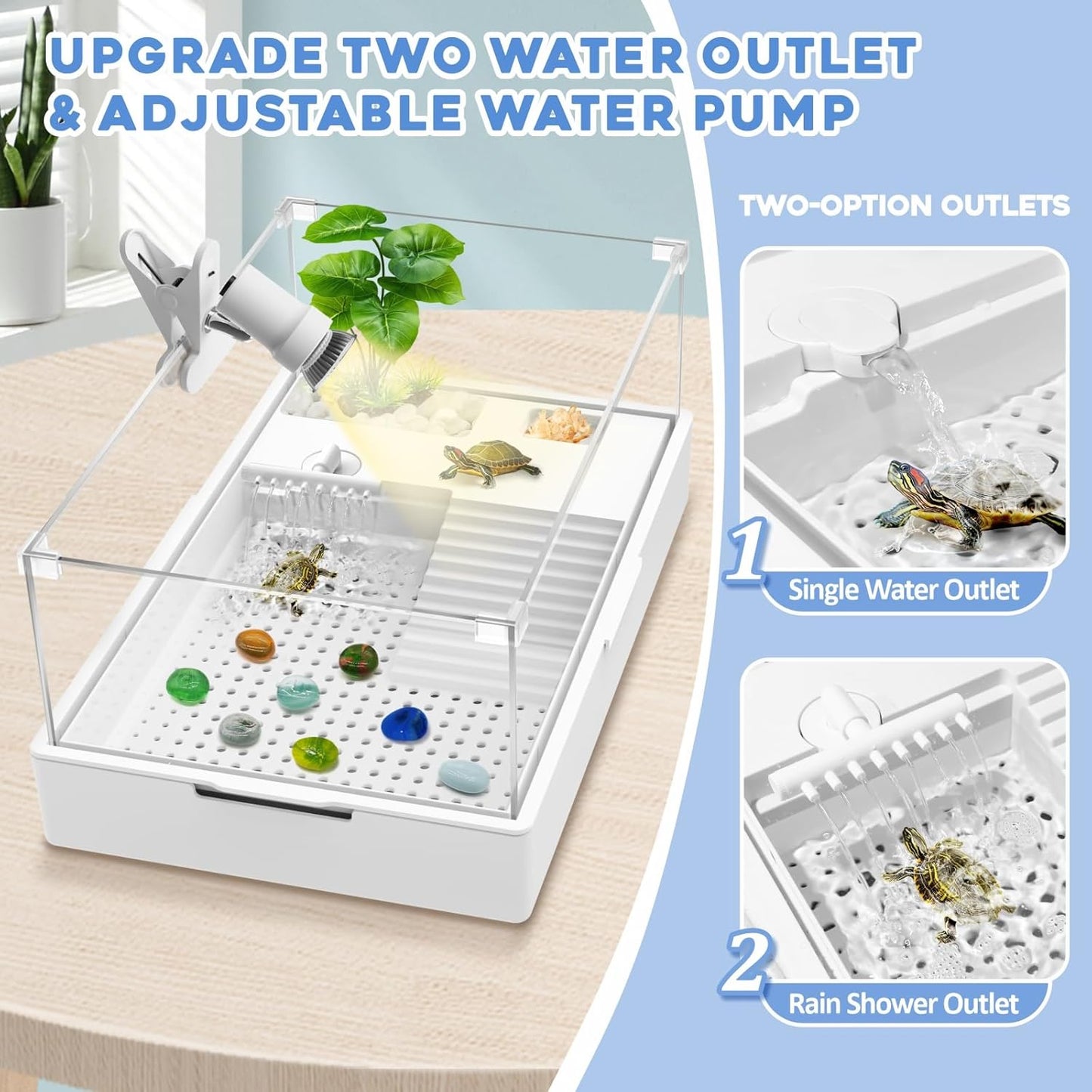 GOZILLA Large Turtle Tank Kit+Water Pump+Lamp, Acrylic Turtle Tank Starter Kit with Adjustable 5W Water Pump and Timing/Dimming Lamp, Multi-Functional Area for Small/Medium Turtles(Large-White Kit). - Pawvie