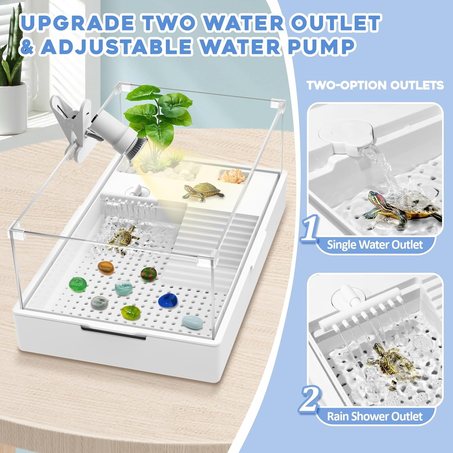 GOZILLA Large Turtle Tank Kit+Water Pump+Lamp, Acrylic Turtle Tank Starter Kit with Adjustable 5W Water Pump and Timing/Dimming Lamp, Multi-Functional Area for Small/Medium Turtles(Large-White Kit). - Pawvie