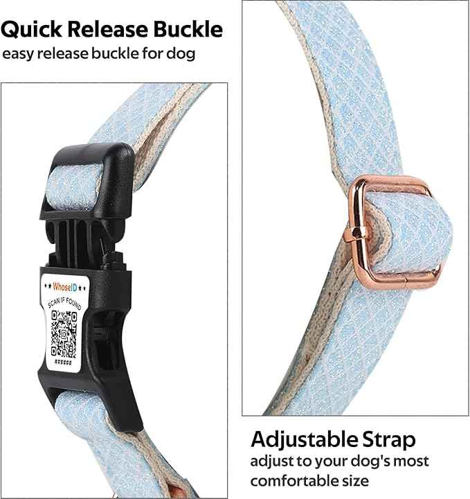 WhoseID Dog Collar with Waterproof AirTag Holder & Anti-Lost QR Code, Cute Bling Warpping Adjustable Width for Small Medium Large Pet (Light Blue, L)